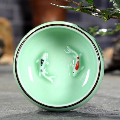 乾福盖青瓷茶杯QFCB-122套瓷装陶手绘山水花鲤鱼茶碗中式主荷人碗