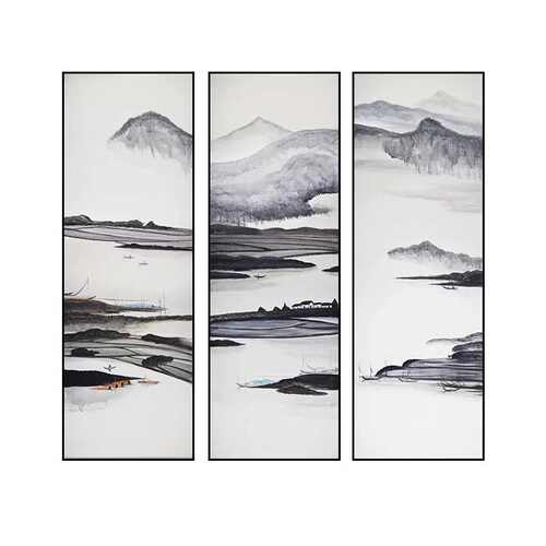 茶室三联水墨画禅意山水挂画新中式书房壁画办公室背景墙壁装饰画