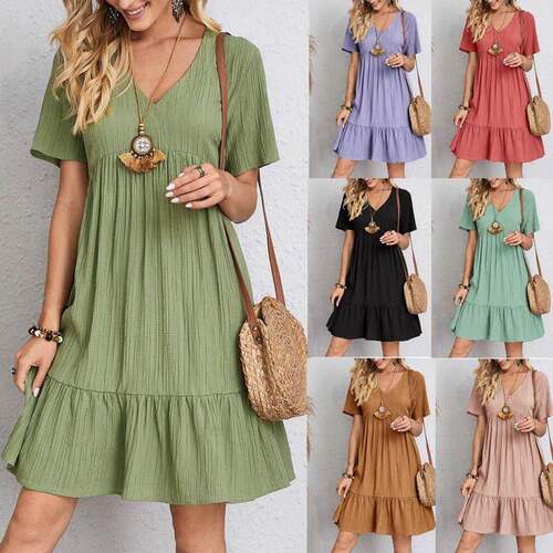Skirt short sleeved waist cinching flowing dress