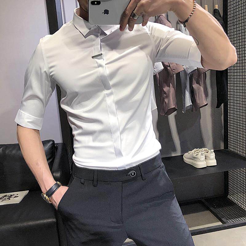 衬衫男短袖夏季冰丝薄款白色高级感衬衫修身韩版商务休闲半袖上衣