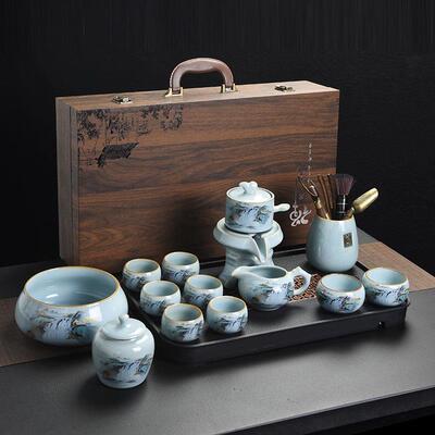 高档懒人石青磨自盘动功夫茶具套组千瑯里江山汝窑天珐彩陶瓷茶礼