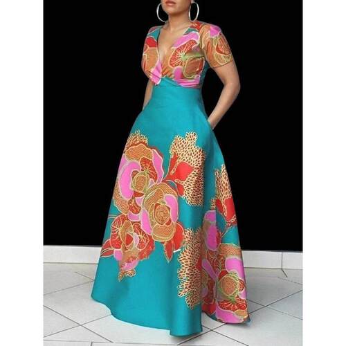 N 94860 Printed slim polyester dress 印花显瘦涤纶长裙