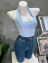 DAISYJING2024夏装性感百搭漏背挂脖短款背心吊带女上衣带胸垫潮