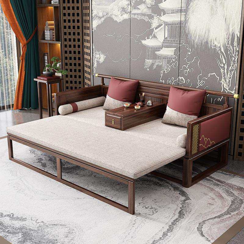 新中式罗汉床茶桌椅组合乌金木实木沙发床两用推拉床现代简约床榻