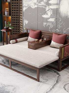 新中式罗汉床茶桌椅组合乌金木实木沙发床两用推拉床现代简约床榻