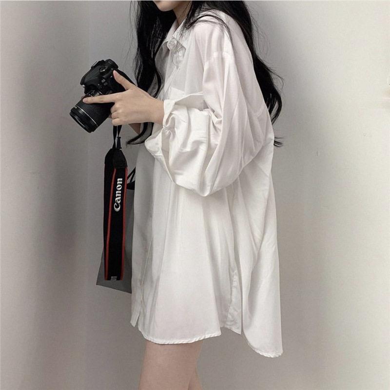 慵懒风白色防晒衬衫女夏秋薄款中长款衬衣外套长袖女装上衣