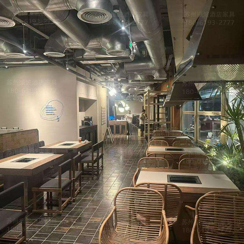 户外餐厅实木大理石岩板电磁炉烤肉桌自助烧烤山野风中餐卡座桌椅