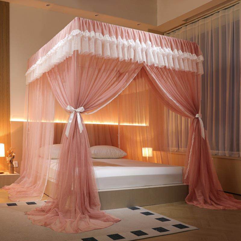 韩版公主风蚊帐一体式家用卧室床幔加厚加密烤漆支架方顶落地纹帐