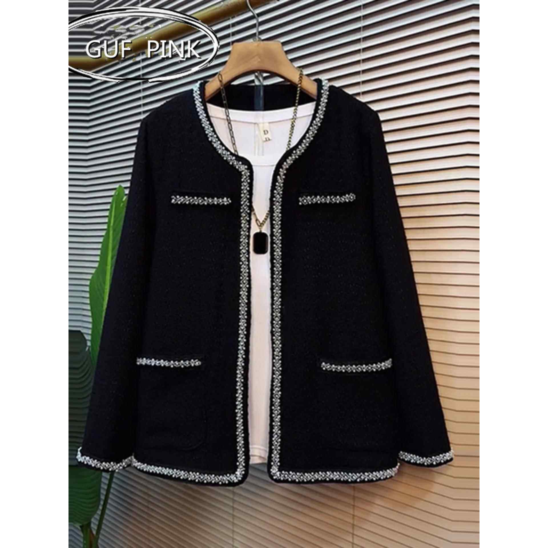 香港大码小香风气质黑色钉珠西装外套女装胖mm显瘦时尚上衣春秋款