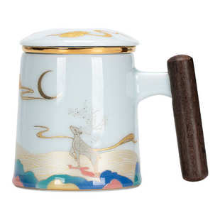 会议家用开业礼品 国潮风陶瓷办公杯茶水分离泡茶杯三件套茶具套装