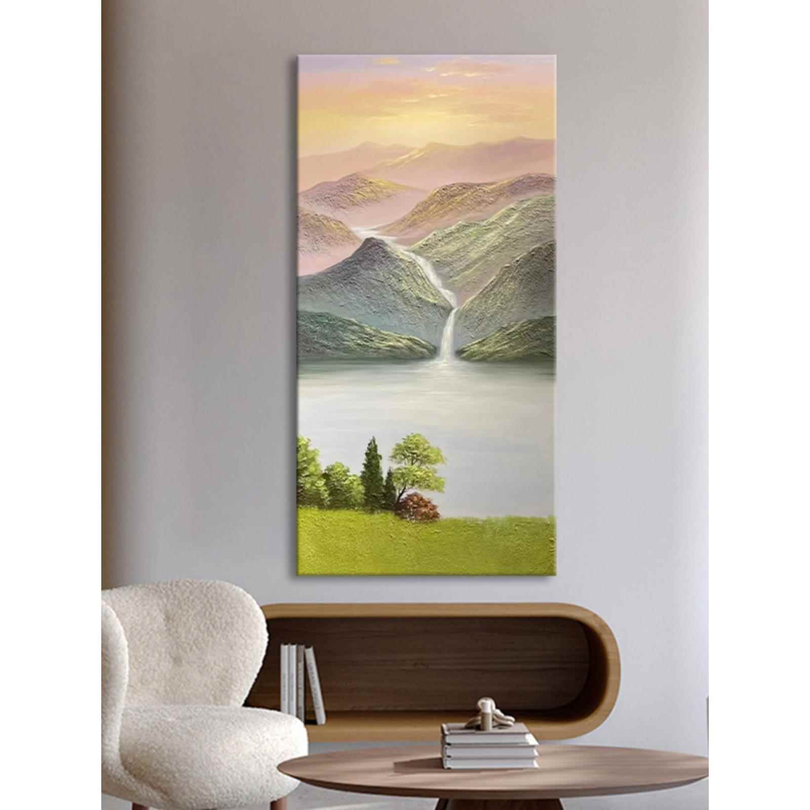 纯手绘油画高山流水日出风景客厅装饰画山水聚财肌理艺术玄关挂画