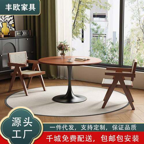 中古风实木小圆桌小户型家用阳台圆形吃饭桌餐桌休闲咖啡桌洽谈桌