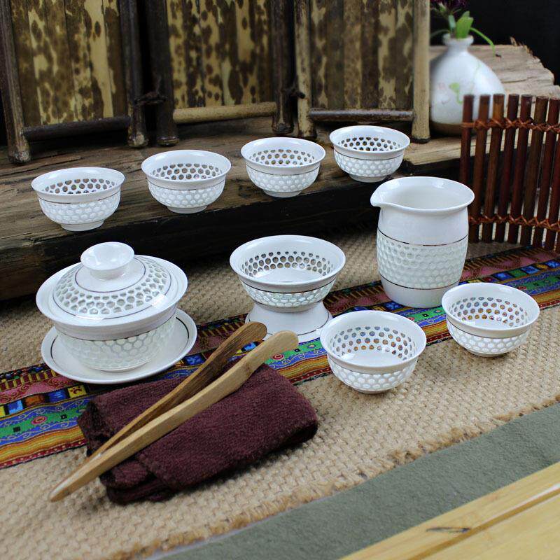 厂家供应10头玲珑蜂窝茶具镂空陶瓷功夫套装茶壶盖碗茶杯礼品礼盒