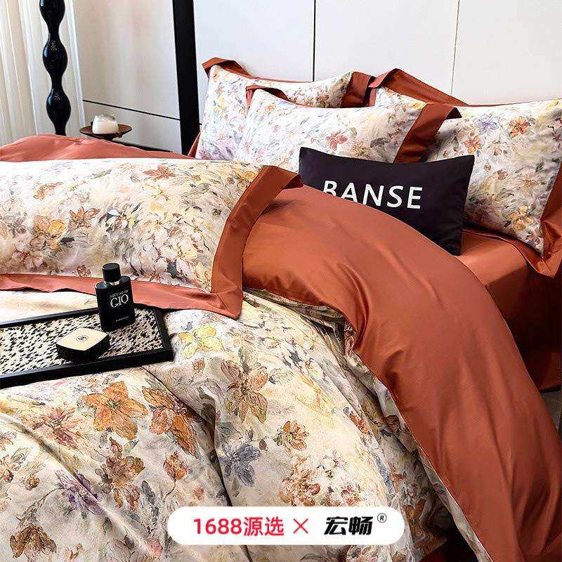 欧美式100s匹马棉数码印花被套四件套轻奢全棉纯棉床单床上用品