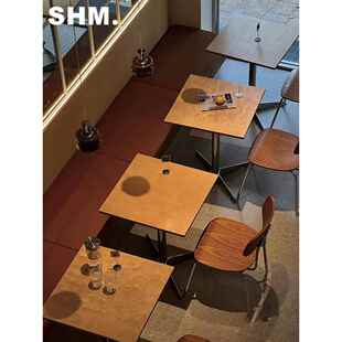 中世纪风格咖啡馆海洋板桌椅组合奶茶甜品店韩国餐厅实木小方桌商