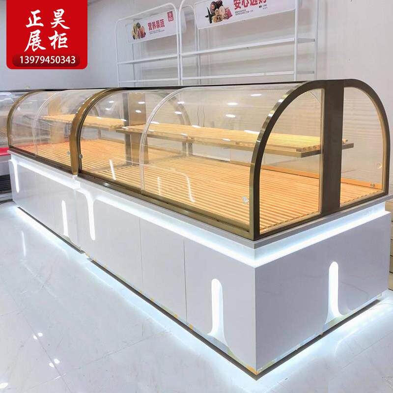 新款弧形铁艺烘焙面包展示柜中岛柜超白玻璃实木烤漆镀钛高档柜台