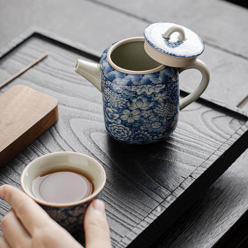 老陶泥汝窑青花茶壶覆古手工家用四方陶瓷单壶功夫茶具开 片泡茶