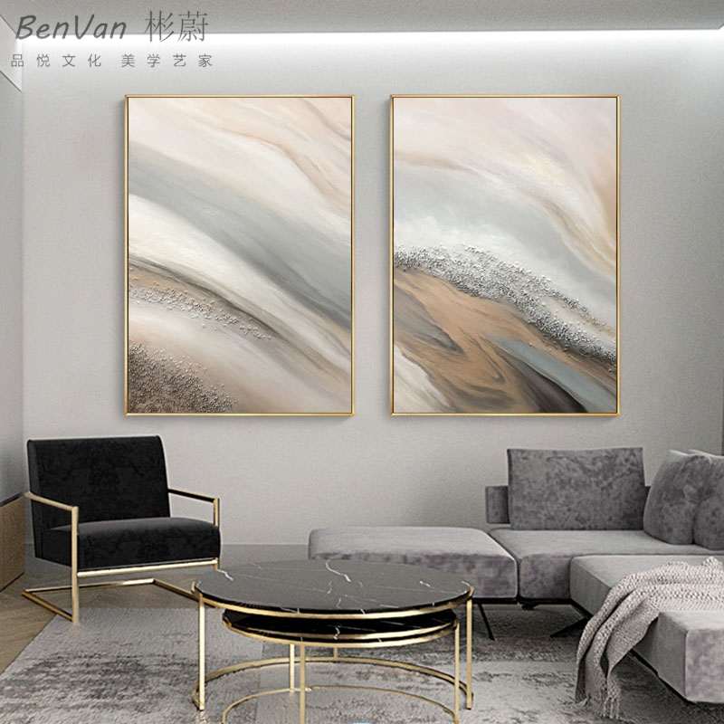 纯手绘油画定制北欧现代简约客厅装饰画玄关抽象海滩轻奢厚油定做