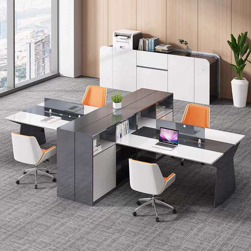 现代简约办公职员桌办公大厅多人带屏风带侧柜办公桌烤漆款电脑桌