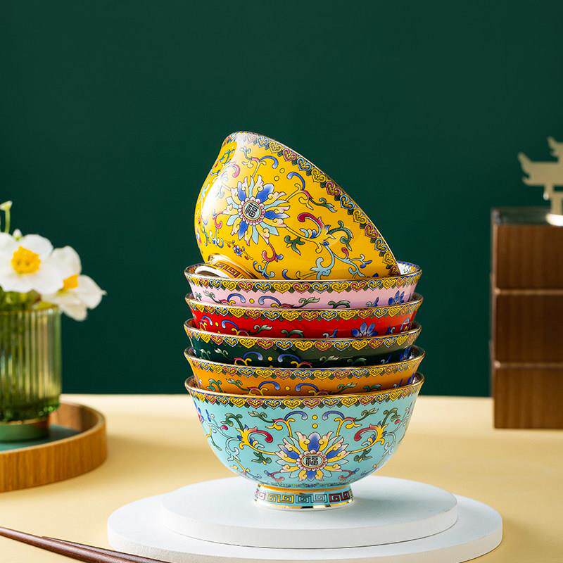 福临门珐瑯彩瓷碗中式碗碟家用景德镇餐具骨瓷碗吃饭碗高档礼品碗