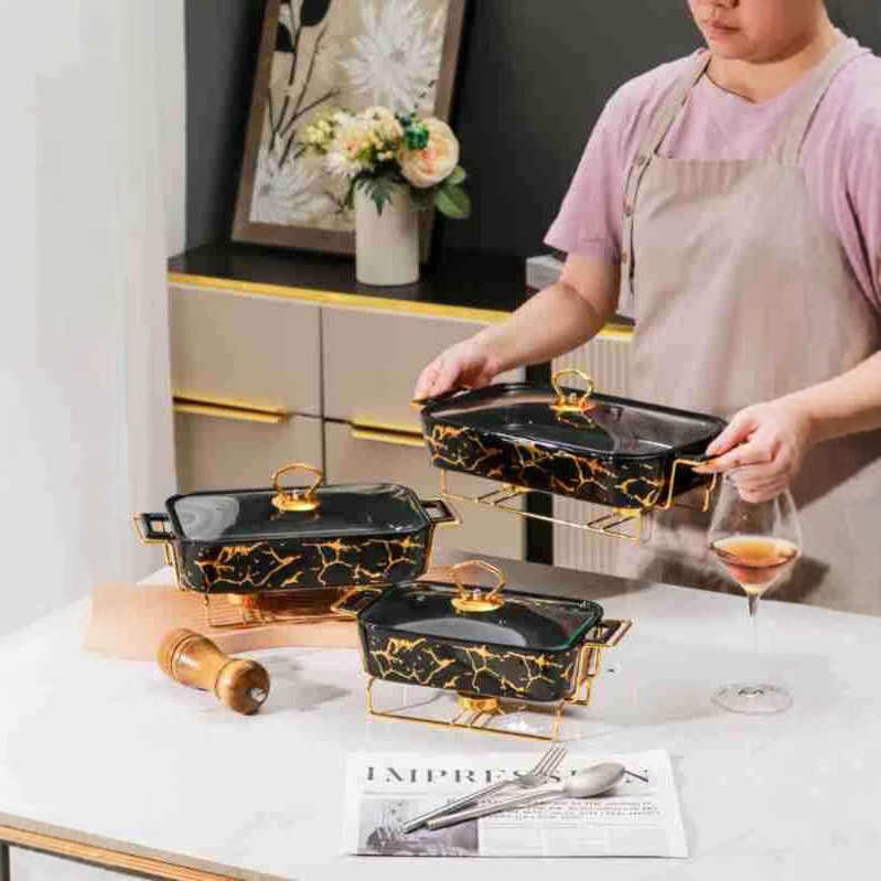 双耳陶瓷大理石纹黑白烤盘家用酒店餐厅长方形烤箱北欧带盖盘子