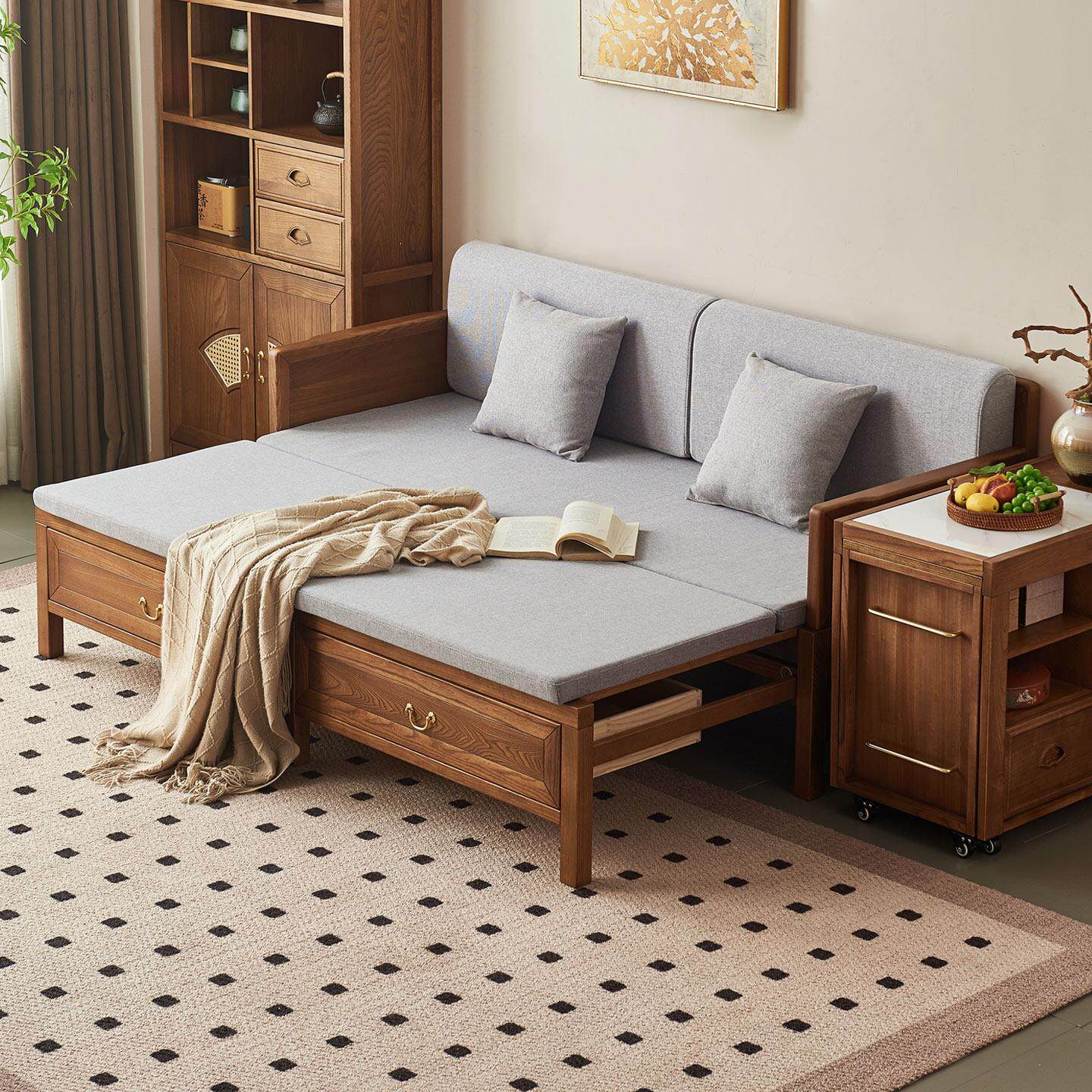 一林半舍实木沙发床现代简约可推拉新中式小户型客厅榆木罗汉床