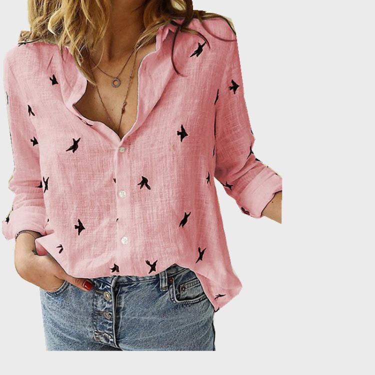 Womens Animal Casual Loose Long Sleeve Linen Shirt