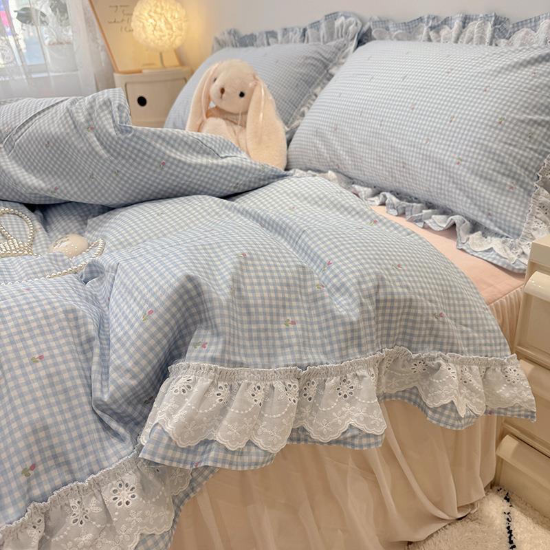 韩版少女心蕾丝花边纯棉碎花蓝格床裙四件套1.5m1.8米被套床单三