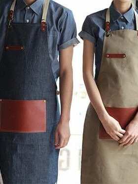 高档围裙围裙口袋工作牛皮工匠皮革防水棉咖啡店围裙帆布复古围裙