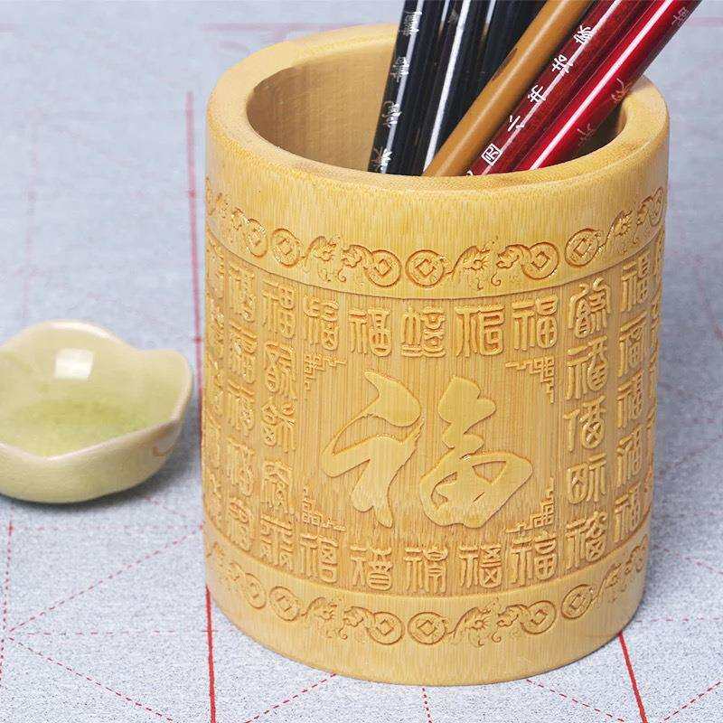 天然竹制品笔简创意木质圆形毛笔笔筒 文房四宝书法桌面摆件