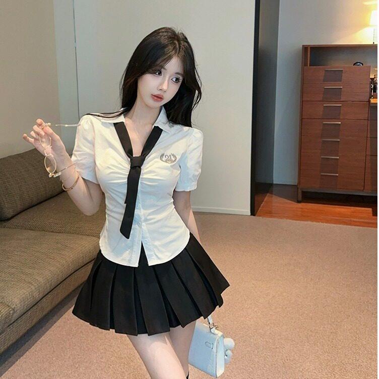 足疗技师JK制服女收腰衬衫显瘦气质沐足会所工作服学院风两件式套