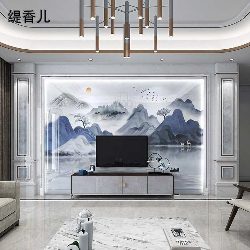 岩板电视背景墙客厅现代简约新中式轻奢石材大板影视墙石材罗马柱