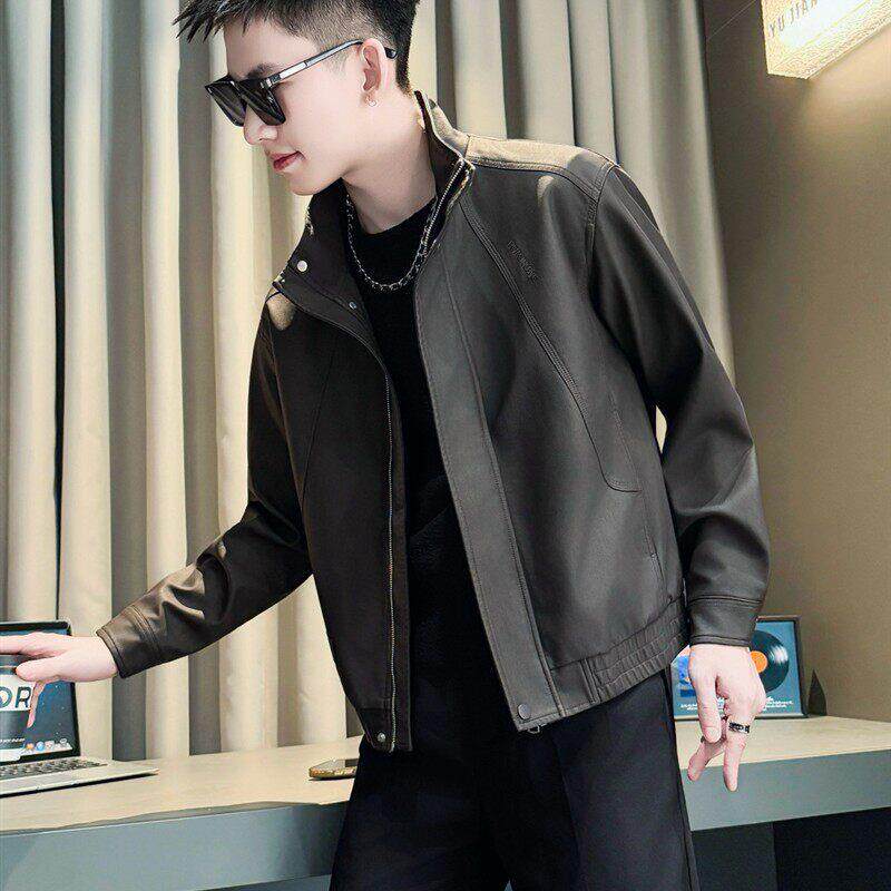 立领机车皮夹克男款高级宽松休闲男装上衣春秋新款潮牌飞行外套帅