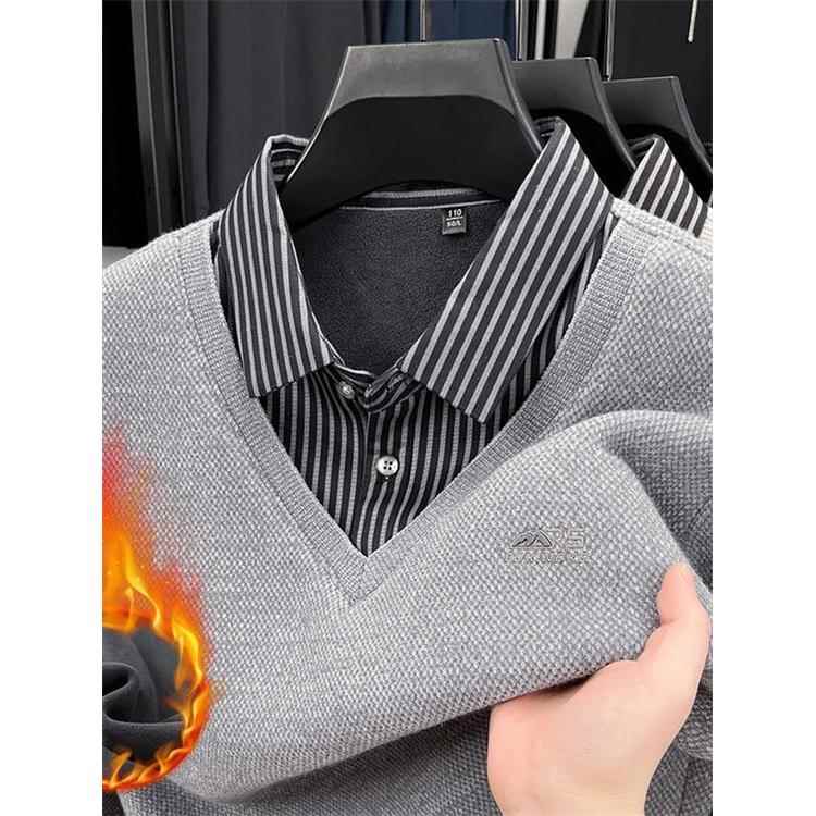 新款加绒毛衣男士冬季假两件加厚款保暖翻领内搭宽松休闲打底衫