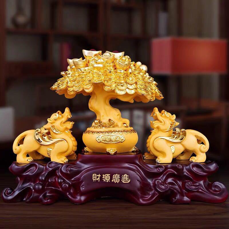 深圳厂家货源树脂工艺品发财树黄玉貔貅家居商务仿玉树脂摆件