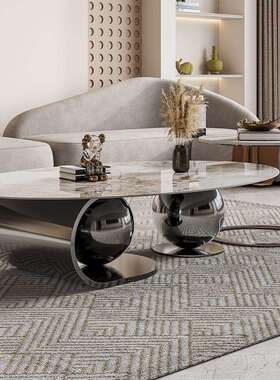 意式岩板大小几茶厅组合椭简圆轻奢客后现代极不锈钢设计师WRG款