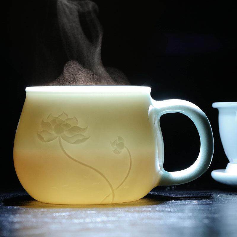 梓鑫景德镇茶杯陶瓷过滤带盖家用泡茶杯手绘雕刻影青瓷办公室水杯