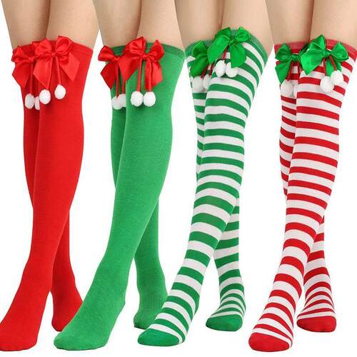 Christmas Striped Long Stockings Bow Christmas Socks Ball Lo