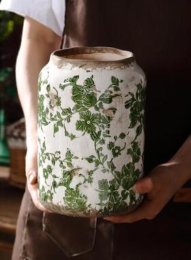绿色藤花敞口花瓶干花鲜花创意艺术复古田园陶瓷摆件家居饰品插花