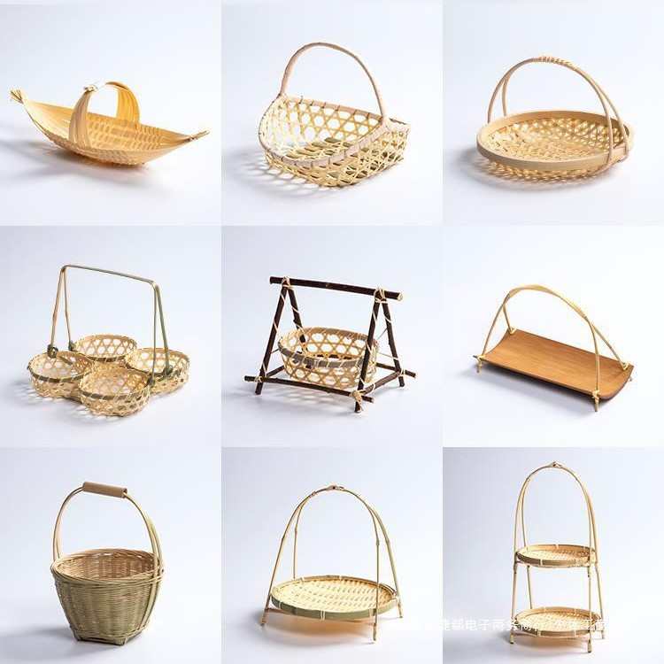 竹编小提篮圆形提手茶点水果篮子 糕点托盘创意小竹篮 多层竹编篮