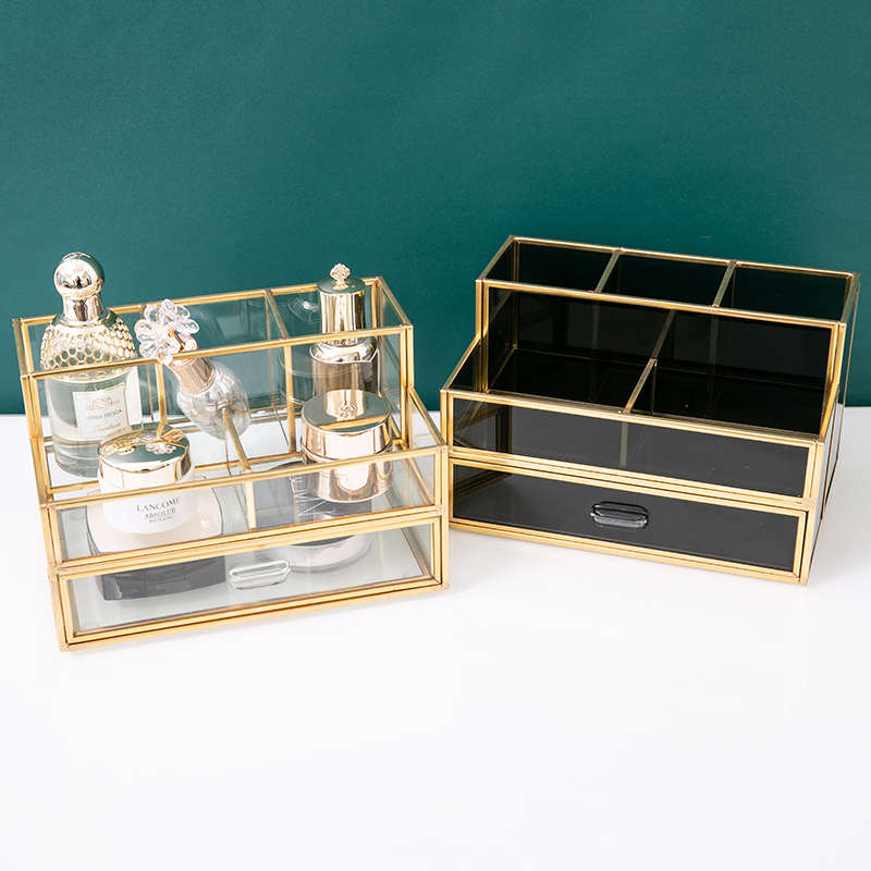 梳妆台化妆品收纳盒桌面口红架子透明玻璃护肤品置物架抽屉式北欧