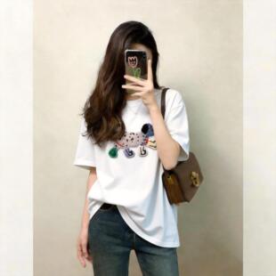 韩版毛茸小狗刺绣圆领短袖T恤女2026春夏阔版超火小众不撞款上衣