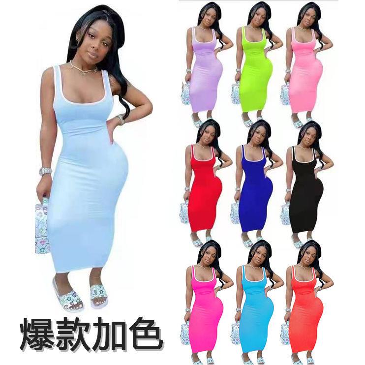 Summer Womens Square Neck Midi Tank Dress Sleeveless Bodycon图片