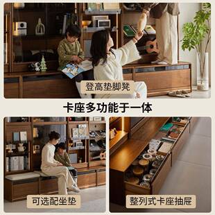 续写俱书柜黑胡木柜一体整墙客15r3厅落地卡座组合实木满墙家书和