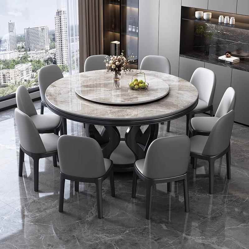 岩板餐桌椅组合圆形现代简约轻奢大理石大圆桌带转盘实木家用饭桌