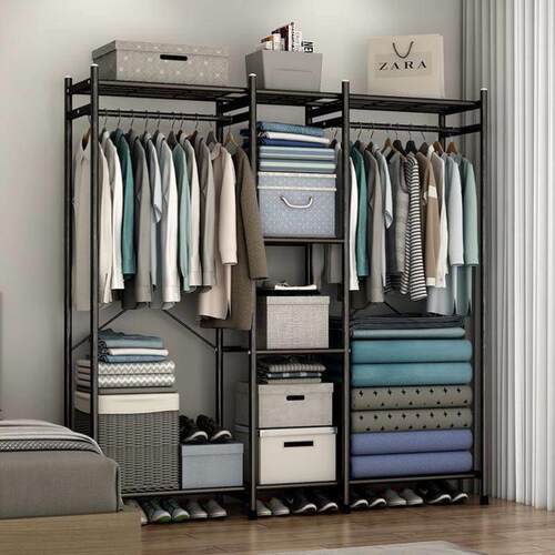 Iron Coat Rack Floor Standing Clothes Hanging Storage Shelf