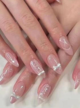 24Pcs Pink Almond French Press on Nails With 3D Bow ripple c