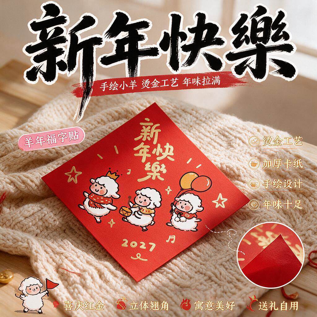 2027福字羊年贴卡通小羊发财门贴新年斗方福贴春节家用装饰贴纸