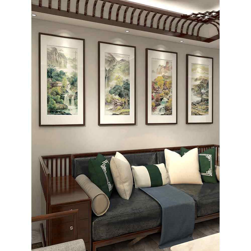 春夏秋冬新中式客厅装饰画餐厅挂画水墨国画山水四季风景四联壁画