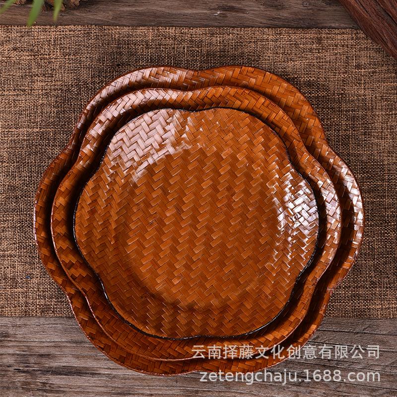 新款直销手工竹制编织果盘支架水果篮日式干果点心托盘高脚茶垫盘